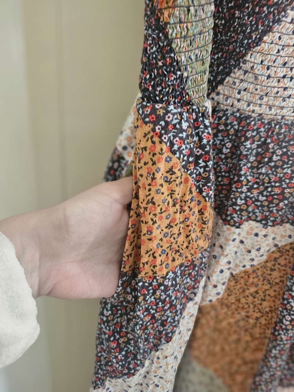 Patchwork Floral Midi Dress in Mustard, Olive & Navy - Picture 5 of 6